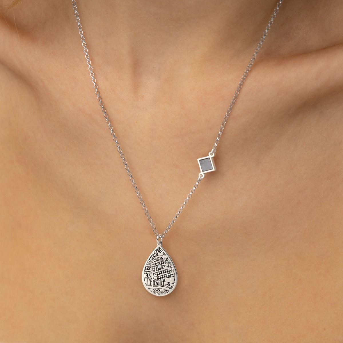 Cherished Spot Engraved Map Necklace with Nano Bible [14 Karat White Gold]