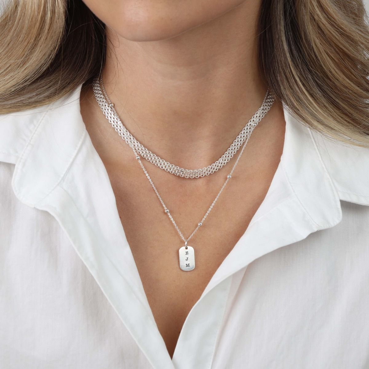 Classic Tag and Herringbone Initial Necklace Set [Sterling Silver]