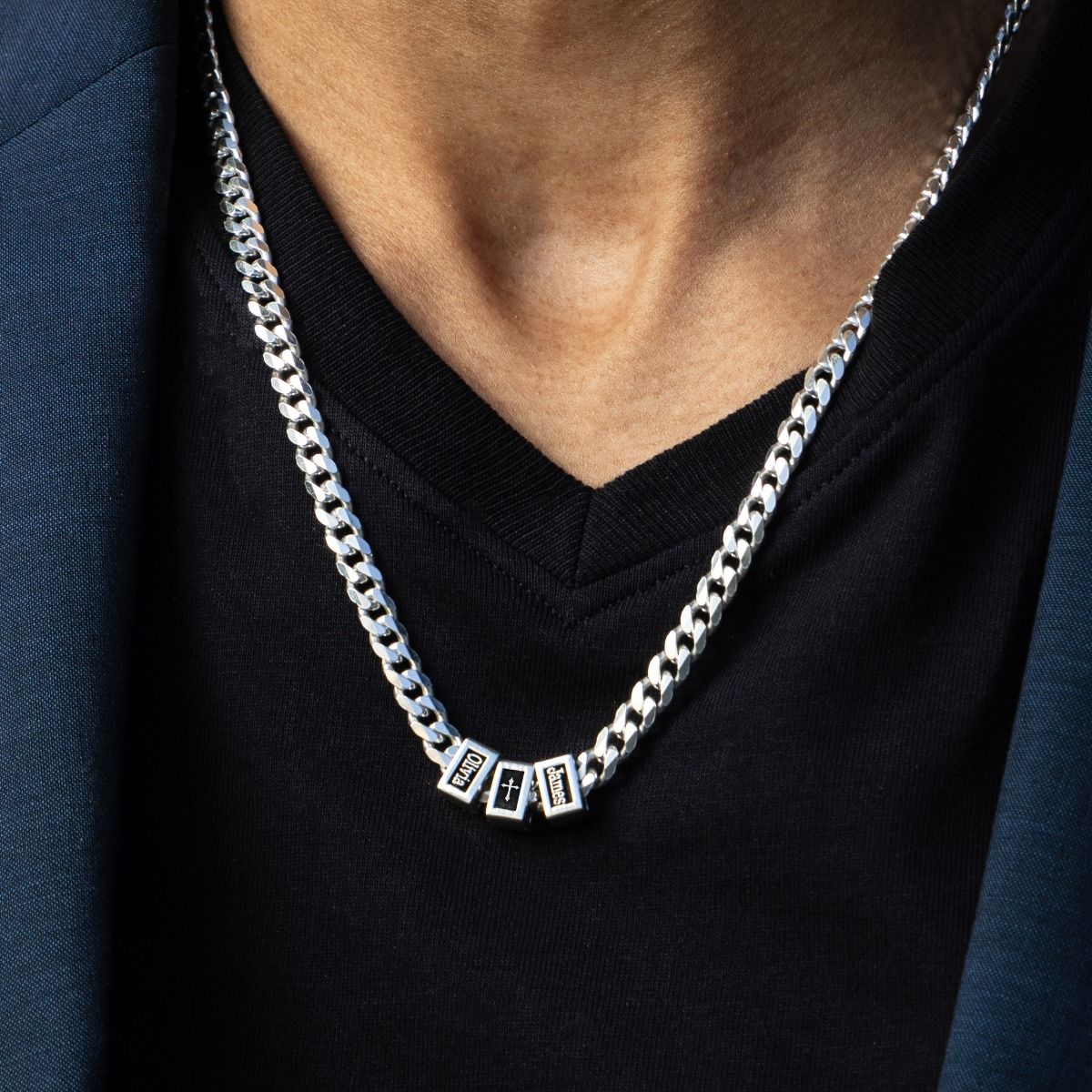 Cross Cuban Link Chain With Names [Sterling Silver]