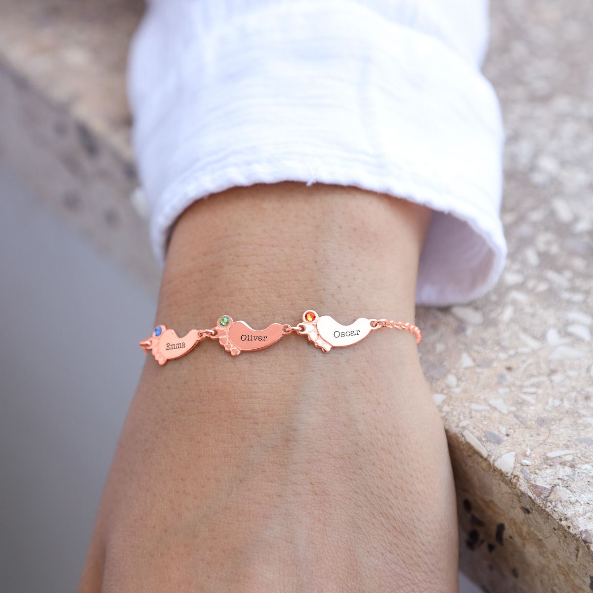 Footsteps Name and Birthstone Bracelet - Rose Gold Plated