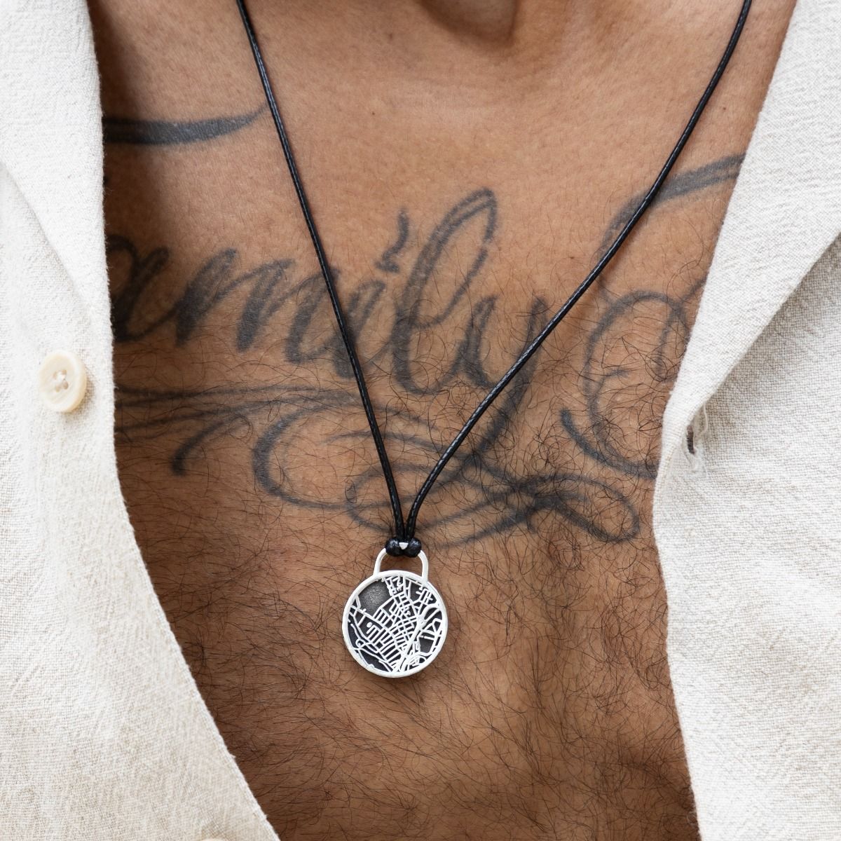 Navigator's Map Men Necklace – Sterling Silver / Black Cord