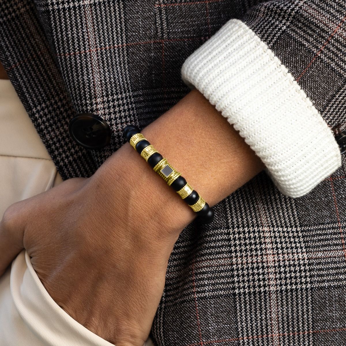 Black Onyx Women Name Bracelet With Nano Bible [Gold Plated]