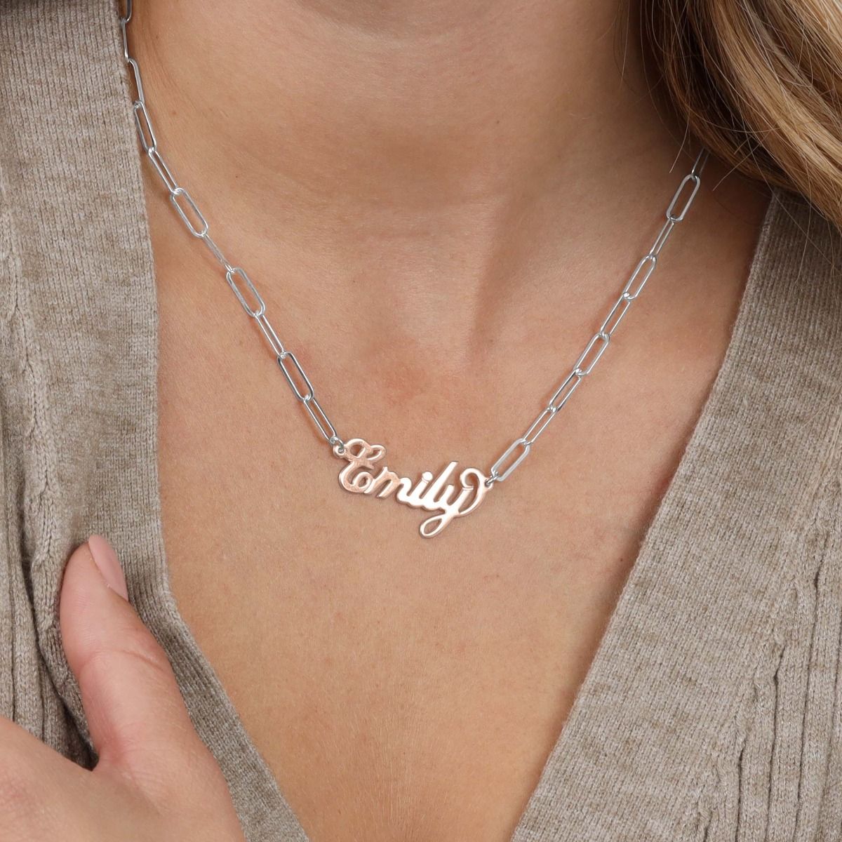 Paperclip Style Glam Name Necklace [Sterling Silver / 18k Rose Gold Plated Pendant]