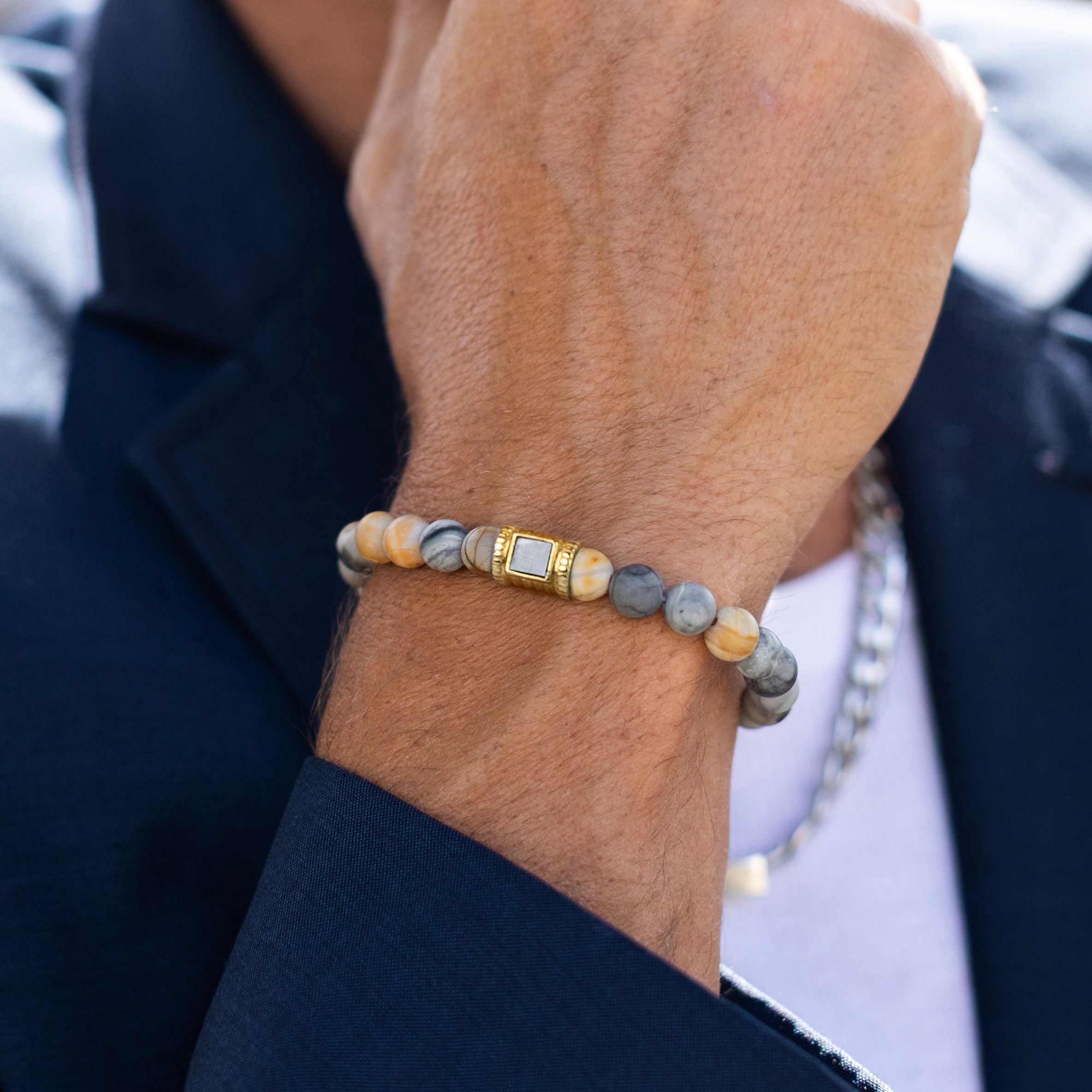 Picasso Jasper Men Bracelet with Nano Bible - 14 Karat Gold