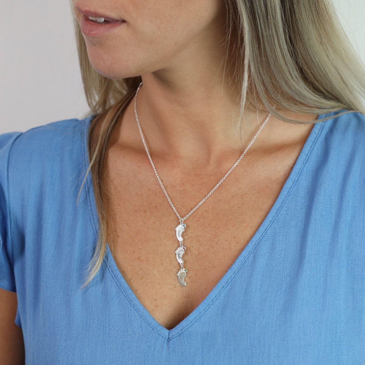 Footsteps Name and Birthstone Necklace - Sterling Silver