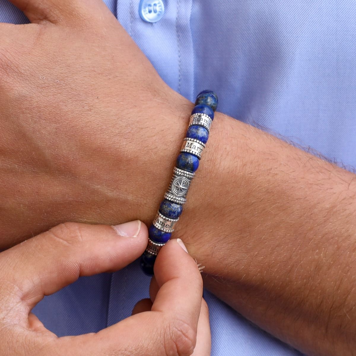 Compass Men Name Bracelet with Lapis Lazuli Stones