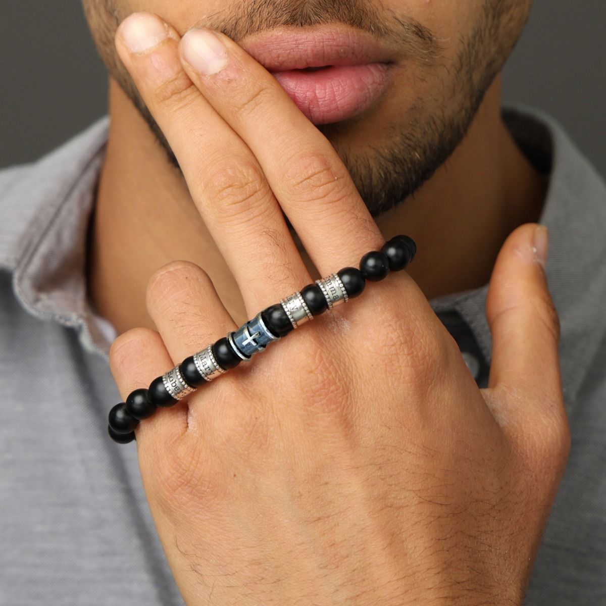 Black Silver Cross Men Name Bracelet with Black Onyx Stones