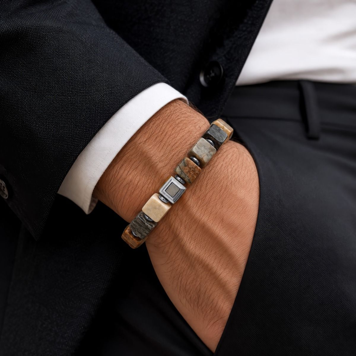 Picasso Jasper & Hematite Men Bracelet with Nano Bible [Silver]