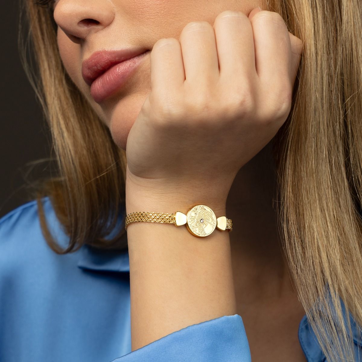 Precious Spot Engraved Map Bracelet with Milanese Chain [18K Gold Plated]