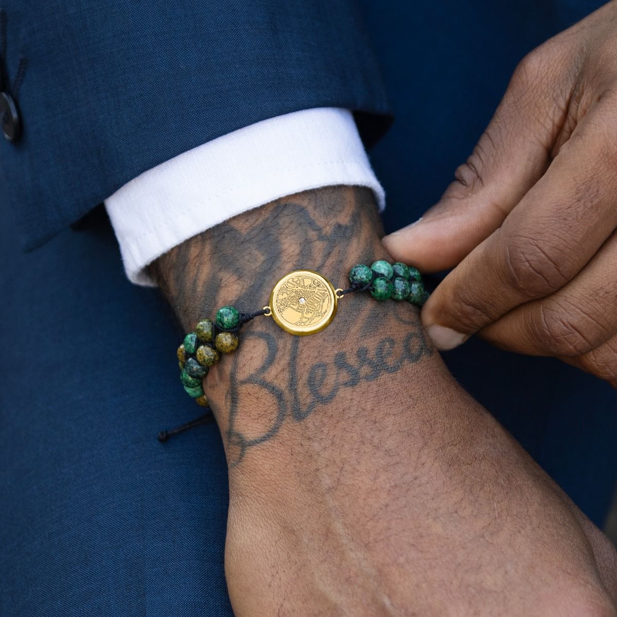 Turquoise Engraved Map Men Bracelet [14 Karat Gold]
