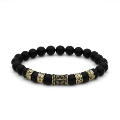 Compass Men Name Bracelet with Black Onyx Stones - Vintage Yellow