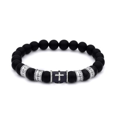Black Silver Cross Men Name Bracelet with Black Onyx Stones