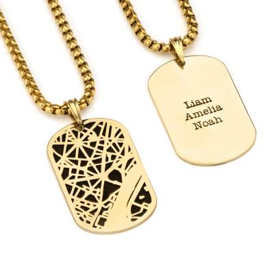 Map Tag Necklace For Men - 18K Gold Plated