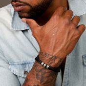 Men Leather Bracelet with Engraved Beads in Sterling Silver