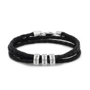 Men Leather Bracelet with Engraved Beads in Sterling Silver