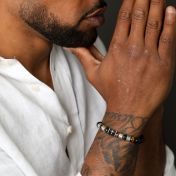 Black Silver Cross Men Name Bracelet with Green Tiger Eye Stones