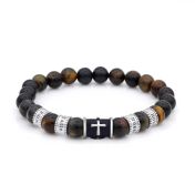 Black Silver Cross Men Name Bracelet with Green Tiger Eye Stones