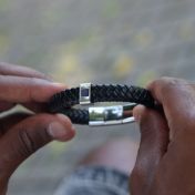 Black Leather Men Bracelet with Nano Bible - Sterling Silver