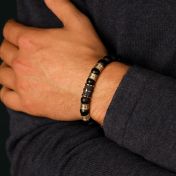 Black Cross Men Name Bracelet With Black Onyx Stones - Vintage Yellow