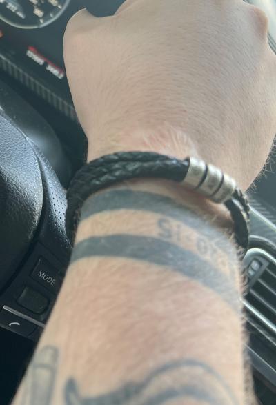 Men Leather Bracelet with Engraved Beads in Sterling Silver