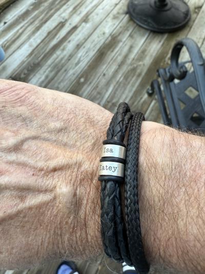 Men Leather Bracelet with Engraved Beads in Sterling Silver