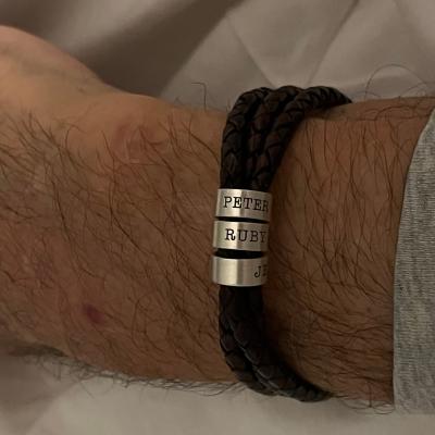 Men Leather Bracelet with Engraved Beads in Sterling Silver