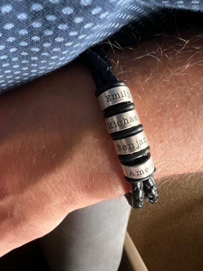 Men Leather Bracelet with Engraved Beads in Sterling Silver