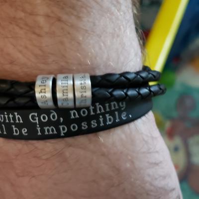 Men Leather Bracelet with Engraved Beads in Sterling Silver