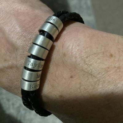 Men Leather Bracelet with Engraved Beads in Sterling Silver