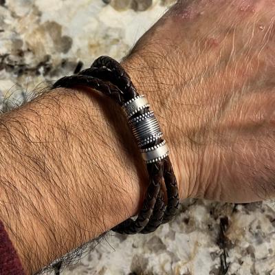 Men Brown Bracelet with Engraved Spheres in Silver
