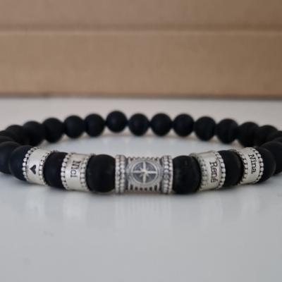 Compass Men Name Bracelet with Black Onyx Stones
