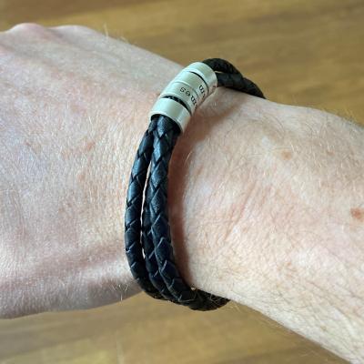 Men Leather Bracelet with Engraved Beads in Sterling Silver