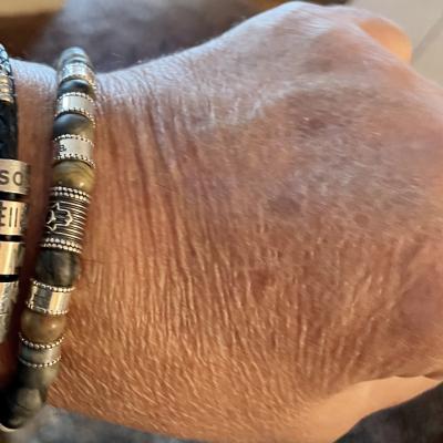 Black Silver Cross Men Name Bracelet with Picasso Jasper Stones
