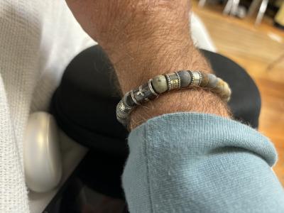 Black Silver Cross Men Name Bracelet with Picasso Jasper Stones