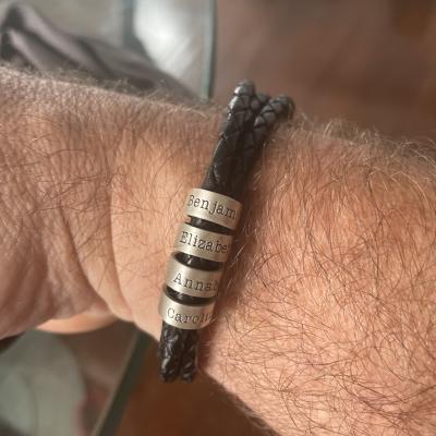 Men Leather Bracelet with Engraved Beads in Sterling Silver