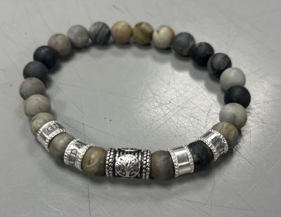 Black Silver Cross Men Name Bracelet with Picasso Jasper Stones