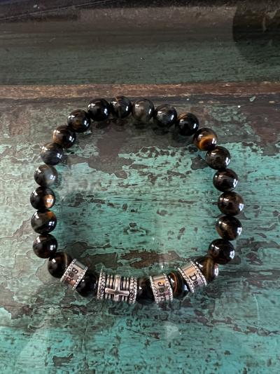 Cross Men Name Bracelet with Green Tiger Eye Stones