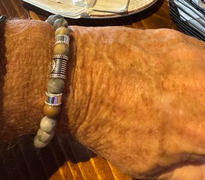 Black Silver Cross Men Name Bracelet with Picasso Jasper Stones