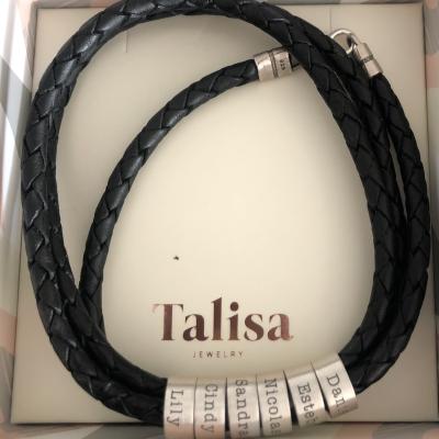 Men Leather Bracelet with Engraved Beads in Sterling Silver