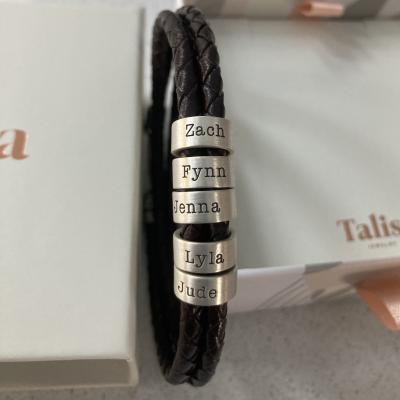 Men Leather Bracelet with Engraved Beads in Sterling Silver