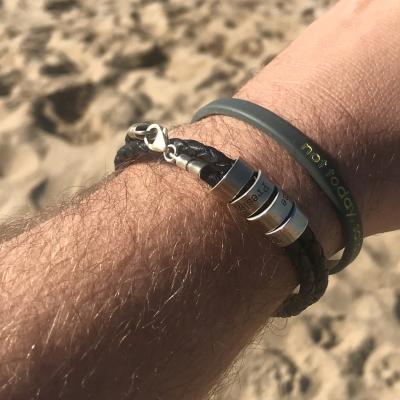 Men Leather Bracelet with Engraved Beads in Sterling Silver