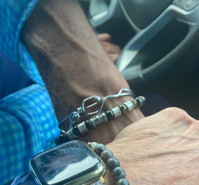 Cross Men Name Bracelet with Green Tiger Eye Stones