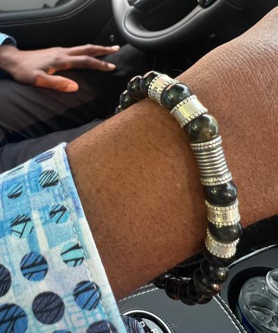 Compass Men Name Bracelet with Green Tiger Eye Stones