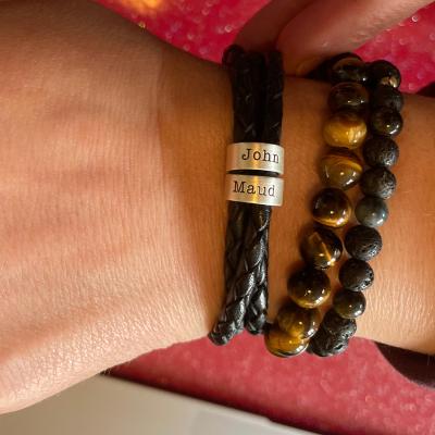 Men Leather Bracelet with Engraved Beads in Sterling Silver