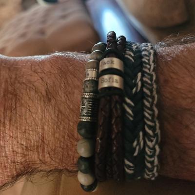 Men Leather Bracelet with Engraved Beads in Sterling Silver