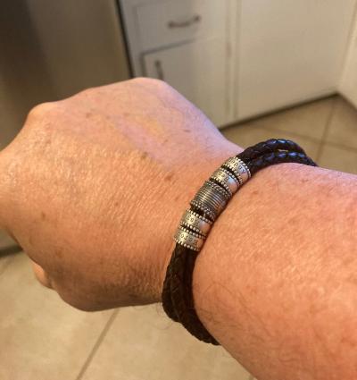 Men Leather Bracelet with Engraved Beads in Sterling Silver