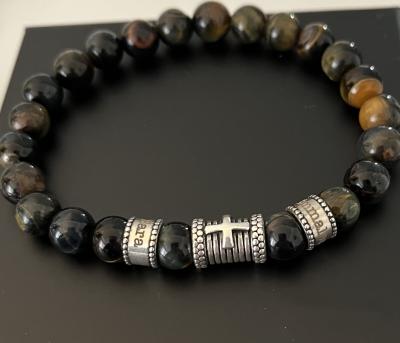 Cross Men Name Bracelet with Green Tiger Eye Stones