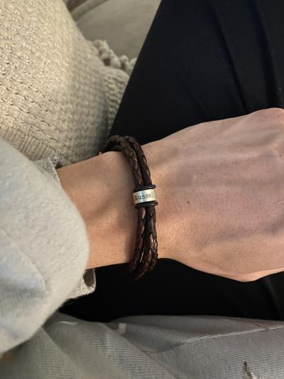 Men Leather Bracelet with Engraved Beads in Sterling Silver
