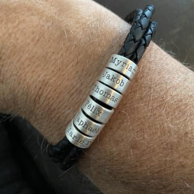 Men Leather Bracelet with Engraved Beads in Sterling Silver