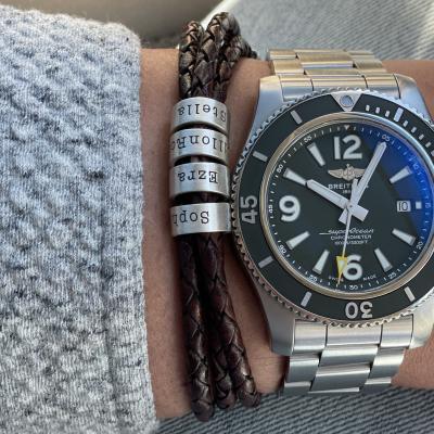 Men Leather Bracelet with Engraved Beads in Sterling Silver